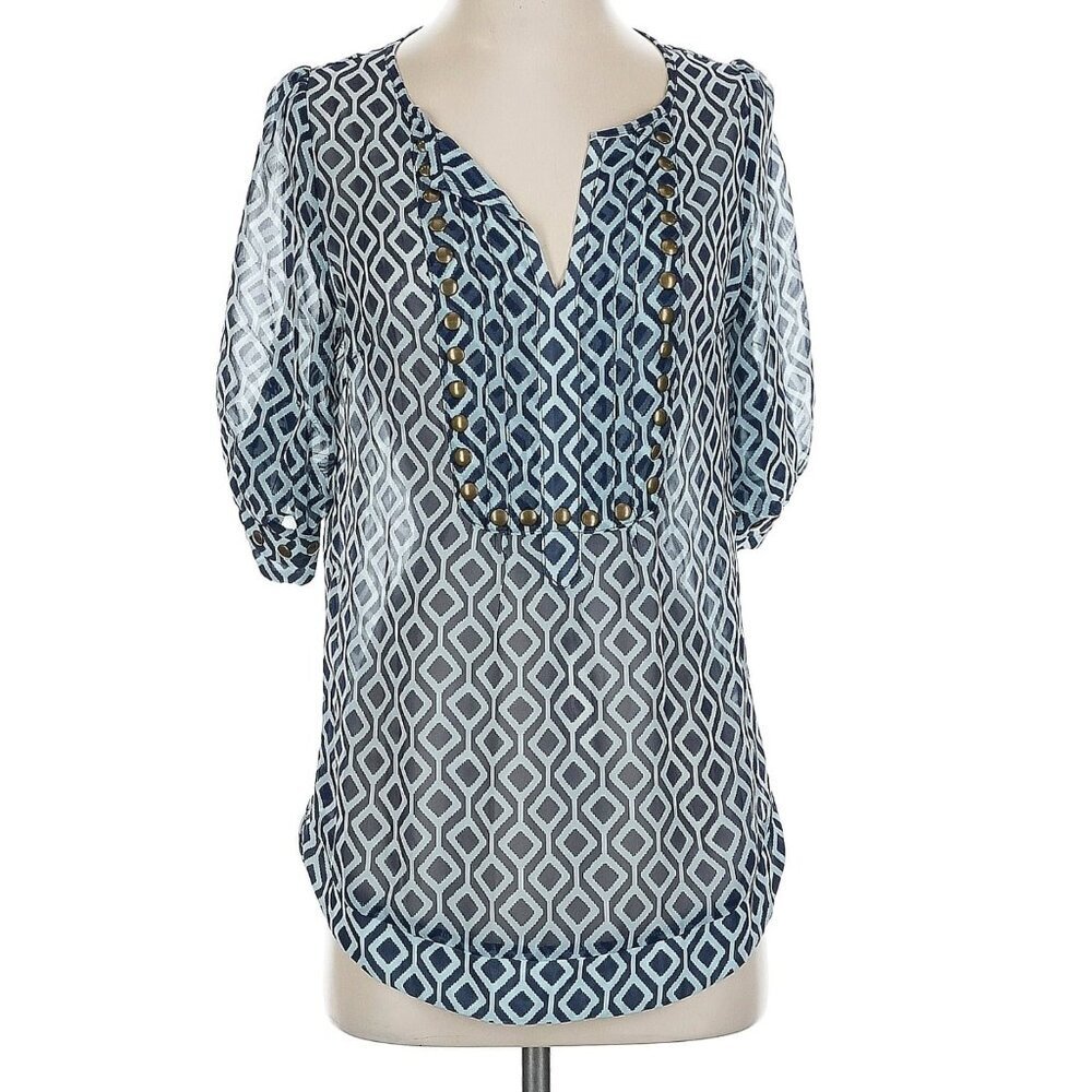 41 HAWTHORN STITCHFIX Moni Geo Camisole Blouse Navy Blue 3/4 Sleeve Boho Work XS